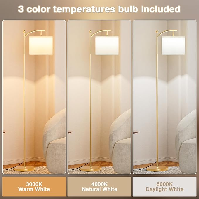 60" Floor Lamps for Living Room with 3 Color Temperatures, Adjustable White Shade with Gold Pole, Tall Lamps for Living Room Bedroom Office Classroom Dorm Room, 9W Bulb Included