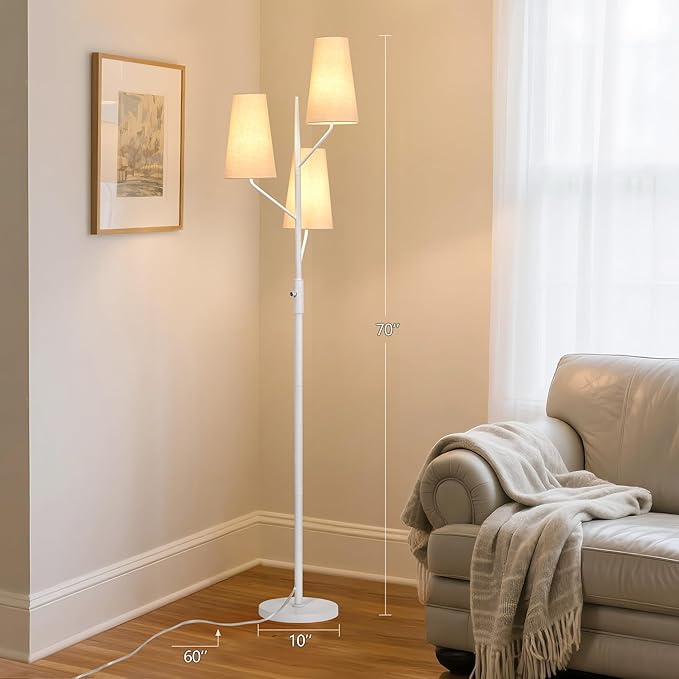 Industrial Floor Lamp for Living Room, 70" Tall 3-Light Tree Standing Lamp with White Pole, Farmhouse Rustic Reading Floor Lamps for Bedroom, Office and Study(Bulb Not Included)