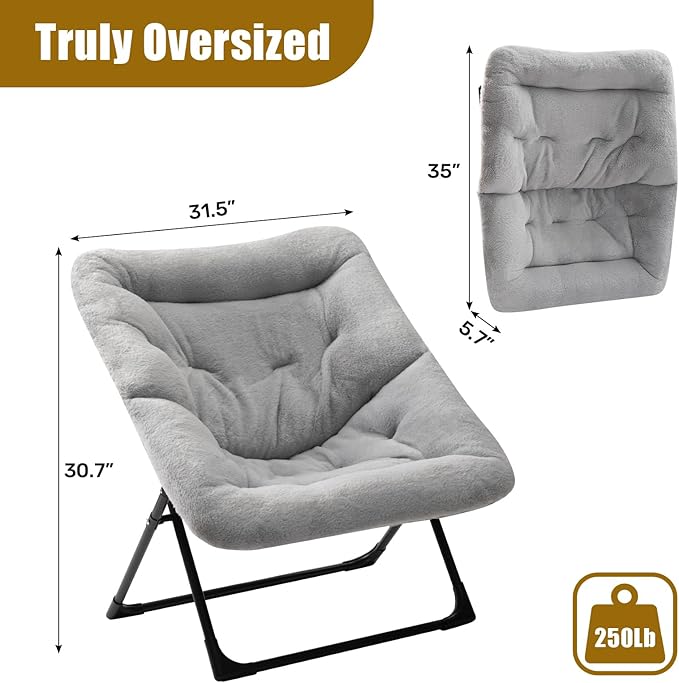 HollyHOME X-Large Saucer Chair, Comfy Oversized Folding Chair, Faux-Fur Reading Chair for Teens, Adults, Foldable Accent Lazy Chair, Metal Frame Lounge Chair for Living Room, Bedroom, Dorm, Grey