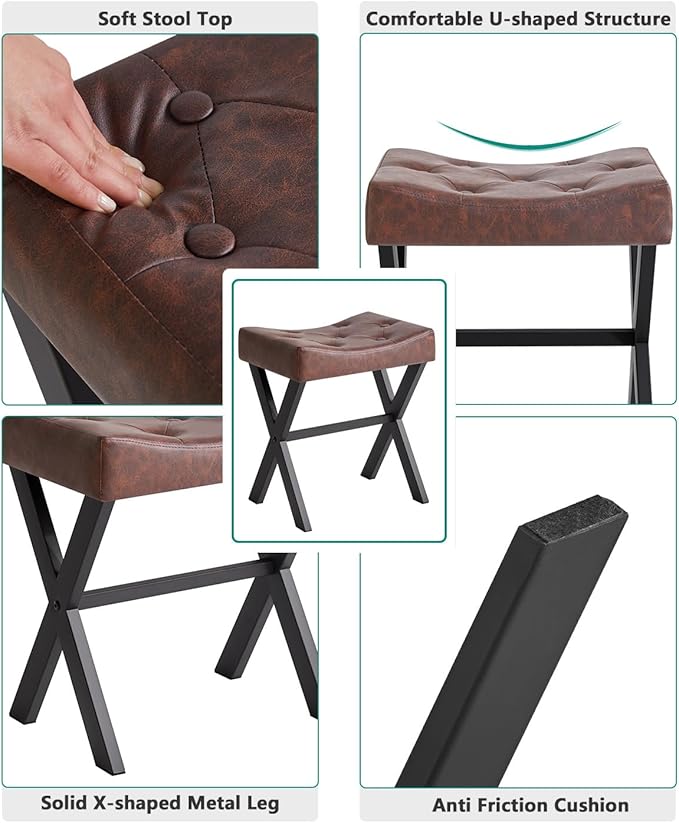 IBUYKE U-Shaped PU Vanity Stool, Square Makeup Chair with X-Leg, Ottoman Seat Footrest Stool, Multi-Use as Small Side Table, for Bedroom, Living Room, Dark Brown WBD019Z