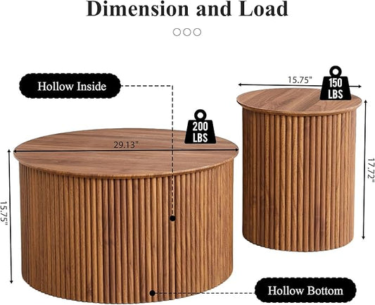 Fluted Round Nesting Coffee Table Set of 2, Mid Century Modern Wood Coffee Table and End Table Set, Minimalist Center Tables Circle Side Table for Living Room, Office(Walnut)