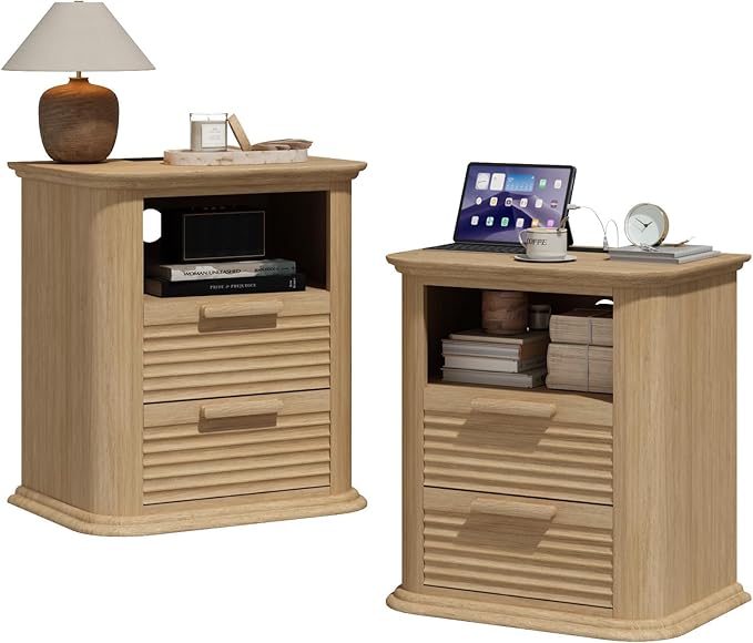 23'' Fluted Nightstand with Charging Station Set of 2, Modern End Table with 2 Drawers and Storage, Wood Night Stand with Round Corner, Side Table for Bedroom, Living Room, Curved Profile, Natural