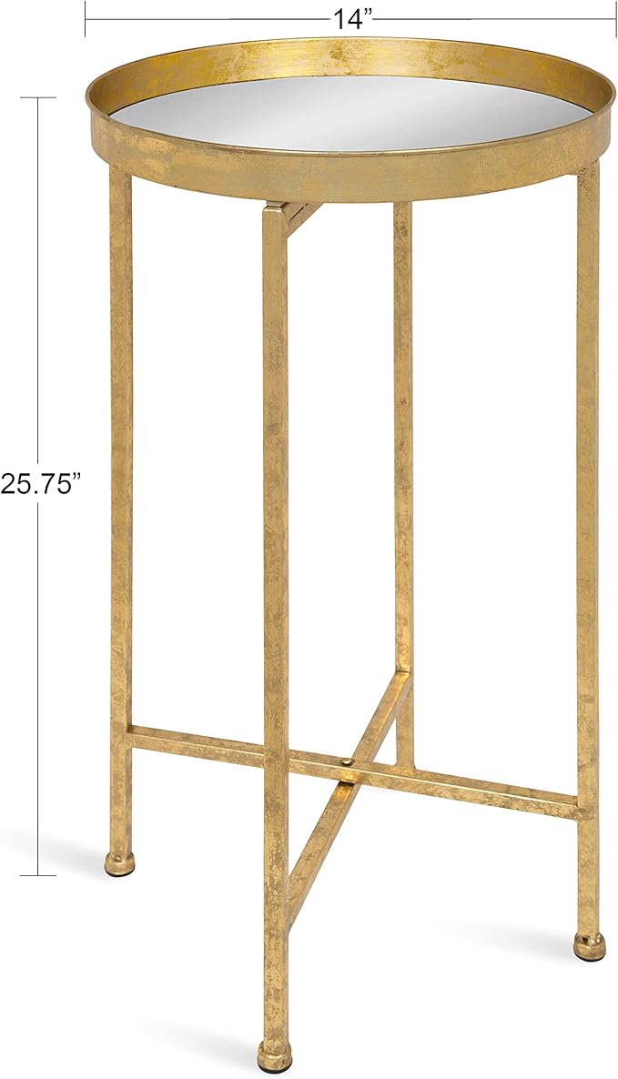 Kate and Laurel Celia Round Metal Foldable Accent Table with Mirror Tray Top, Gold