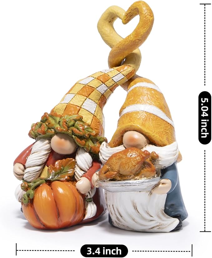 Hodao Thanksgiving Decorations for Table, Resin Fall Thanksgiving Gnome Figurines with Turkey, Pumpkin & Heart, Festive Gift for Autumn Home Decor - 2 Pcs
