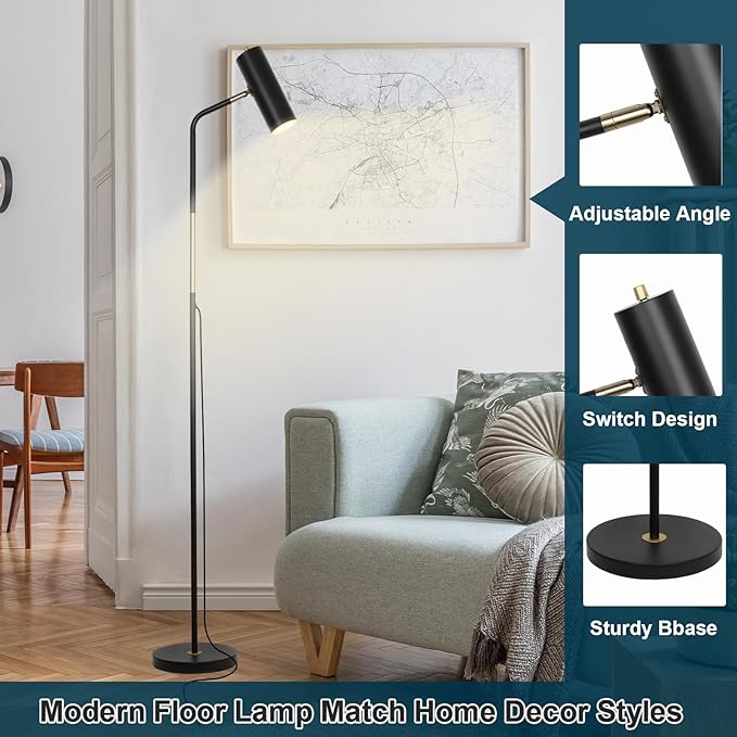 Floor Lamp, Industrial Floor Lamps for Living Rooms & Bedrooms - Rustic Farmhouse Reading Lamp Standing, Adjustable Metal Heads Indoor Task Lighting for Living Room Office Home Décor (LED Black)