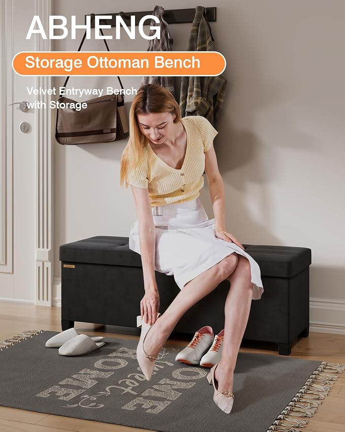 Foldable Storage Ottoman Bench, Velvet Footrest and Seat Cube with Feet, Storage Chest, for Living Room, Bedroom and Office, 15 x 43 x 15.7 Inches, Ink Black, UASND24B