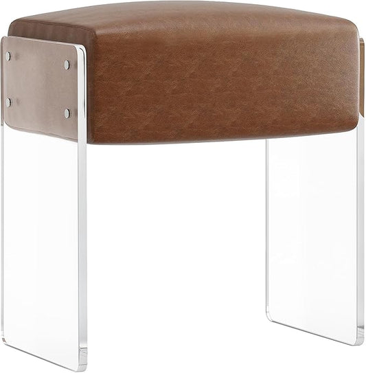 Leather Vanity Stool Chair, Modern Ottoman and Foot Rest with Leather and Acrylic Leg for Makeup Room, Living Room, Bedroom, Brown