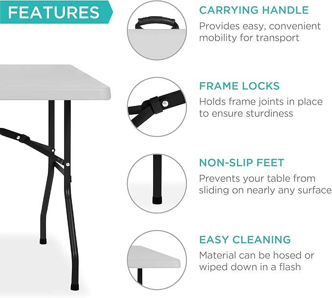 Best Choice Products 8ft Plastic Folding Table, Indoor Outdoor Heavy Duty Portable w/Handle, Lock for Picnic, Party, Pong, Camping - Light Gray