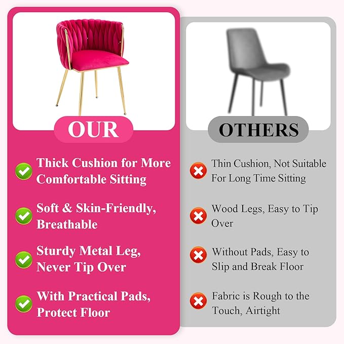 NIOIIKIT Modern Velvet Dining Chairs Hand Weaving Accent Chairs Living Room Chairs Upholstered Side Chair with Golden Metal Legs for Dining Room Kitchen Vanity Living Room (Rosered)