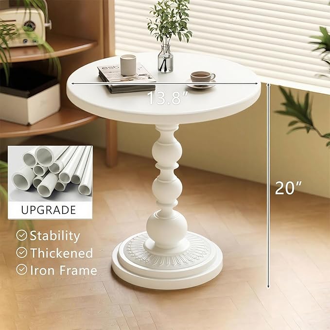 Metal Small End Table,Vintage Matte Black Round Side Table Nightstand for Bedside or Sofa,Small Accent Pedestal Table for Living Room Corners Bedroom Patio and bar (Light White)