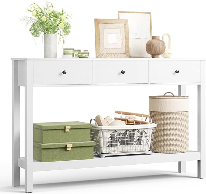 Gizoon Sofa Table with Drawers, Modern Accent Console Table with Open Shelf, Large Storage Space, for Living Room, Front Hall, Entrance Hall, Study Room, White