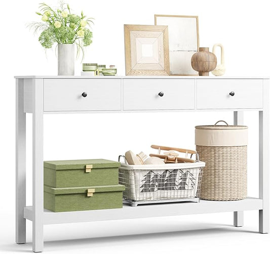 Gizoon Sofa Table with Drawers, Modern Accent Console Table with Open Shelf, Large Storage Space, for Living Room, Front Hall, Entrance Hall, Study Room, White