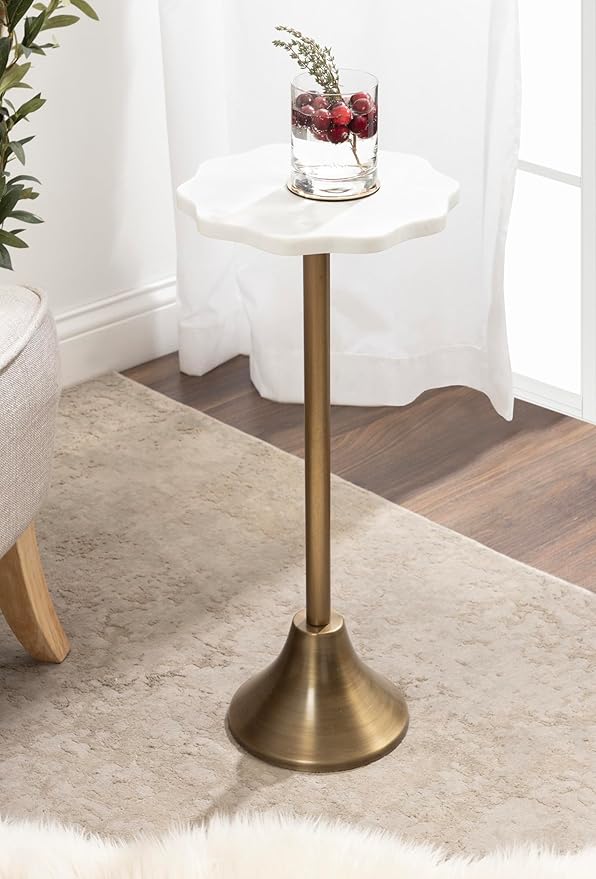 Kate and Laurel Sanzo Modern Pedestal Drink Table, 10 x 10 x 23, Antique Brass and White, Decorative End Table with Scalloped Marble Tabletop for Use as Small Plant Stand or Cute Martini Table
