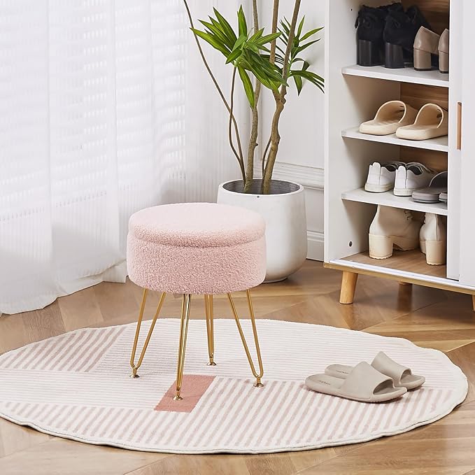 Wimarsbon Storage Ottoman,Teddy Velvet Vanity Stool,Soft Padded Seat,Round Footrest with Removable Cover and Adjustable Legs,Modern Decorative Accent Footstool or End Table for Hallway (Pink)