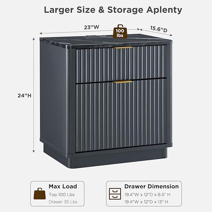 T4TREAM 23'' Fluted Nightstand with Charging Station, Large 2 Drawer Bedside Table, Modern End Table with Storage, Mid Century Night Stand for Bedroom, Living Room, Curved Profile, Dark Grey