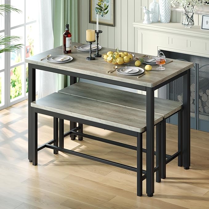 Tatub Dining Table Set for 4, 3-Piece Kitchen Table with 2 Benches, Space-Saving Dining Room Set for Breakfast Nook and Small Spaces, Grey