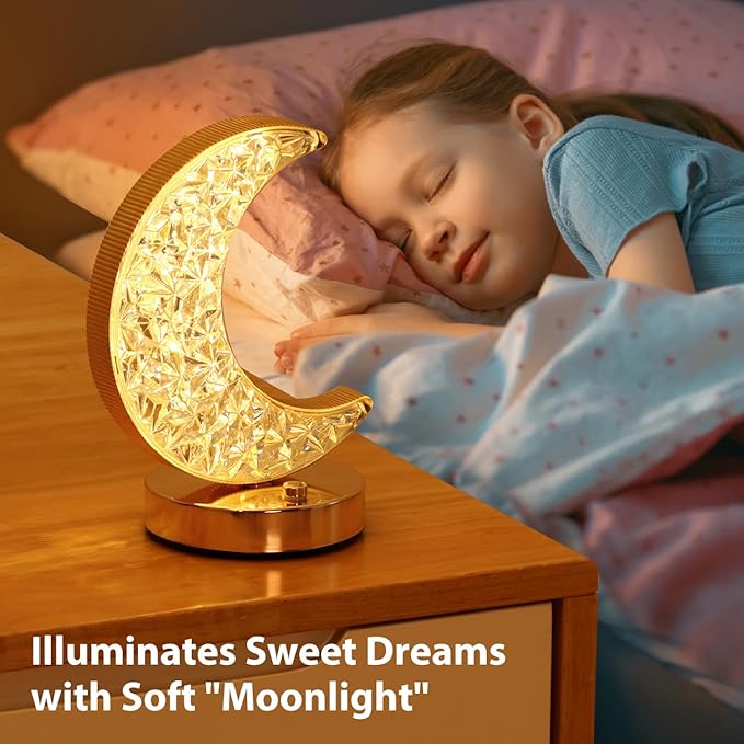 Lewondr Crescent Moon Table Lamp, Stepless Dimmable Touch Lamp with 3 Colors, Rechargeable Night Light with USB Port, Ramadan Moon Light Bedside Lamp for Nightstand Desk Bedroom Living Room Home Decor