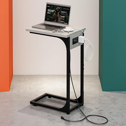 C-Shaped Side Table for Couch - Small Coffee Stand Sofa Tray Desk with Metal Frame Waterproof Scratch Resistant Wood Top and Built-in Charging Station, Greige