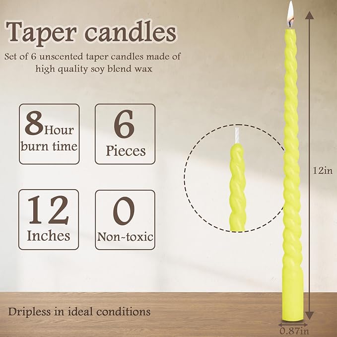 12 Inch Spiral Taper Candles, Smokeless Dripless Long Candle – Unscented Decorative Dinner Candles for Home, Wedding, Party, Table Decor, and Holiday Celebrations (6-Pack Assorted Colors A)