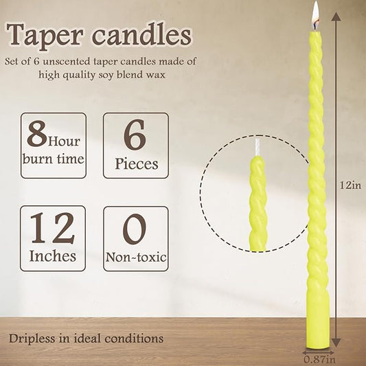 12 Inch Spiral Taper Candles, Smokeless Dripless Long Candle – Unscented Decorative Dinner Candles for Home, Wedding, Party, Table Decor, and Holiday Celebrations (6-Pack Assorted Colors A)
