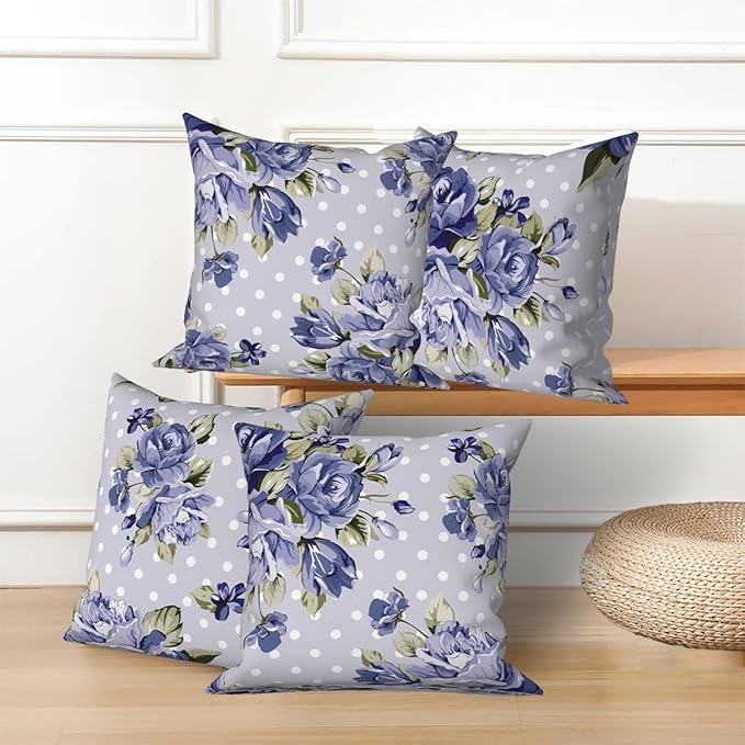 Blue Flower Throw Pillow Covers 20"x20" Set of 4, Retro Floral Sofa Pillowcases for Chair Couch Bed Living Room Office Car Garden Patio Farmhouse Indoor Outdoor Decorative