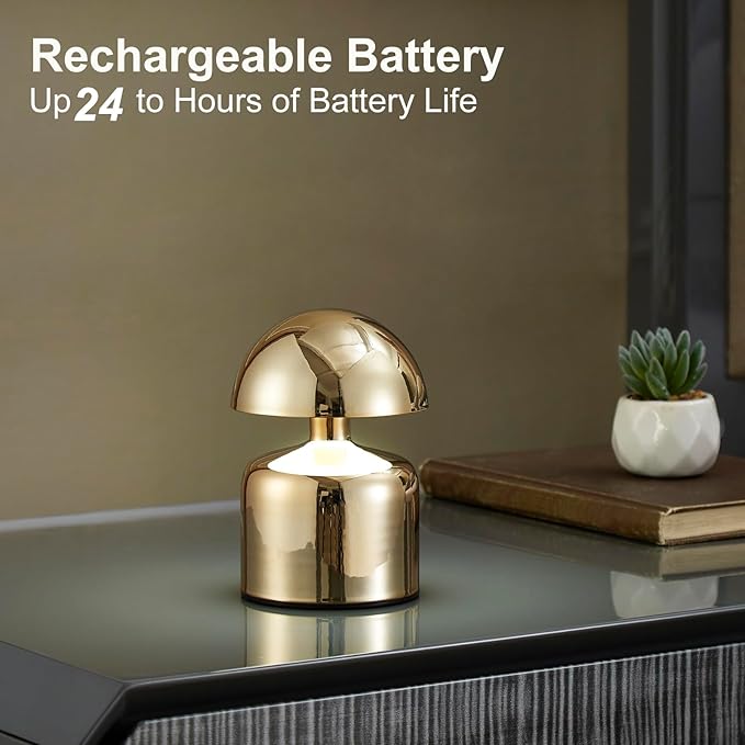Modern Cordless Mushroom Small Table Lamp Touch LED Lamp, 3-Way Dimmable Bedside Nightstand Lamp Mini Rechargeable Night Light for Bedroom, Living Room