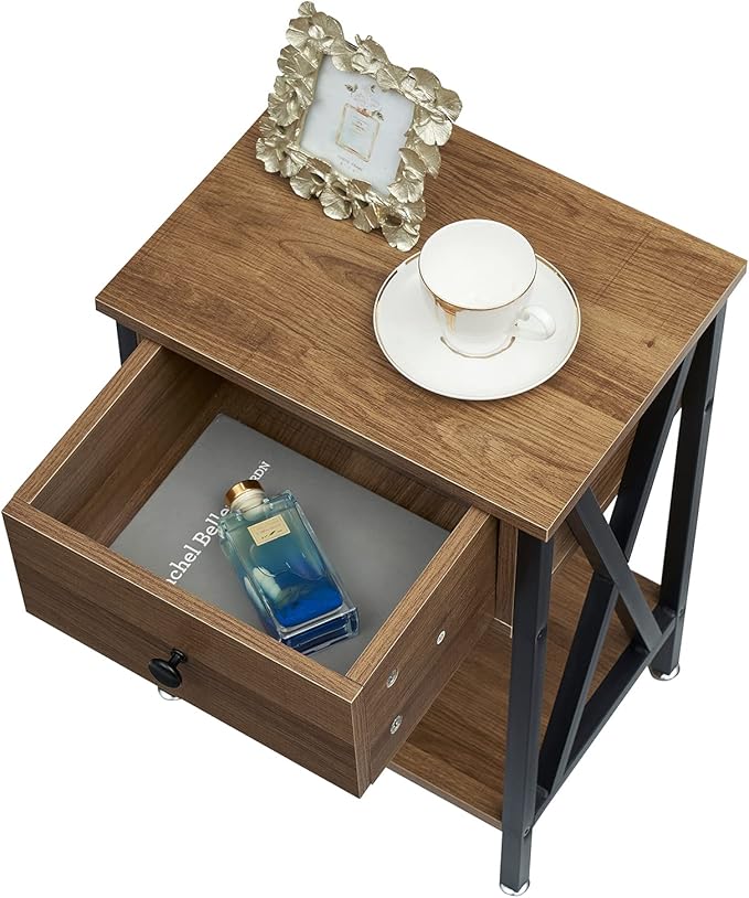 VECELO Nightstands Set of 2, Modern Bedside End Tables, Night Stands with Drawer and Storage Shelf for Living Room Bedroom, Industrial Metal Frame