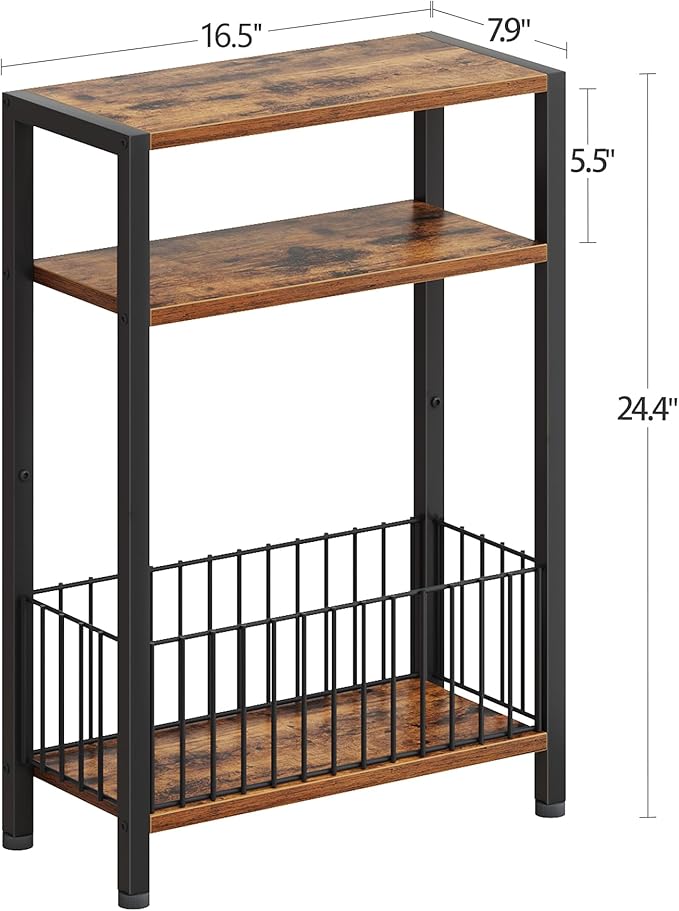 Narrow Side Table with Storage Basket, Small End Table for Small Spaces, Slim Sofa Table for Living Room, 3 Tier Bedside Table for Bedroom, Rustic Brown