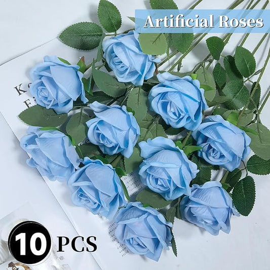 10 PCS Artificial Roses with Long Stems Silk Flowers Realistic Foam Flowers Fake Roses for Valentine's Day Home Wedding Decor(Light Blue)