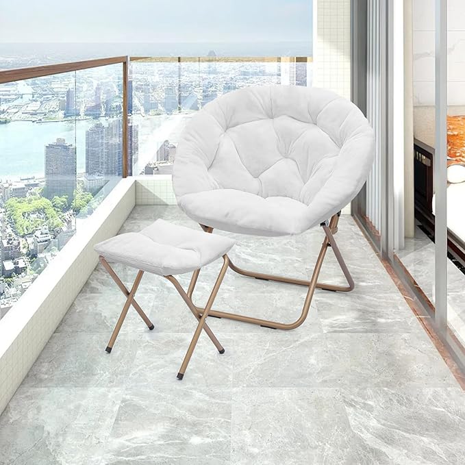 Athena Collection Modern White Faux Fur Saucer Chair with Ottoman, Foldable, Comfy Accent Chair for Bedroom, Living Room, Outdoor, 300lbs Weight Capacity