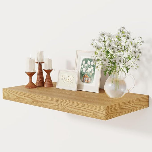 12 Inch Deep Floating Shelves, 24 x 12 Floating Shelf for Books, Rustic Wood Deep Wall Shelves for Home Storage & Display, 2" Thicked Shelves for Kitchen, Living Room, Bedroom, Oak Color, 1 Pack
