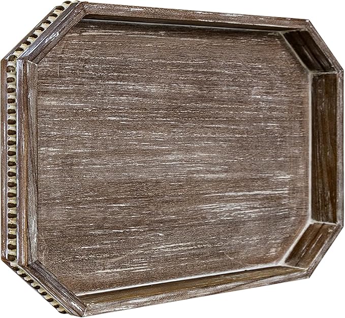 Wooden Decorative Tray, Rustic Serving Tray with Wood Bead, Farmhouse Big Tray for Ottoman, Countertop, Coffee Tabl, 16.5" x 13"x 1.6" (Retro Brown)