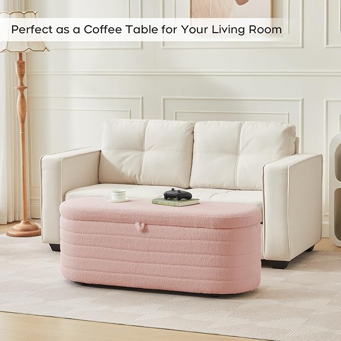Storage Ottoman Bench End of Bed for Bedroom,45 inch Boucle Upholstered Entryway Shoe Seat Bench w/ Storage,Sherpa Modern Cute Padded Blanket Chest Stool Foot Rest for Living Room,Window Seating, Pink