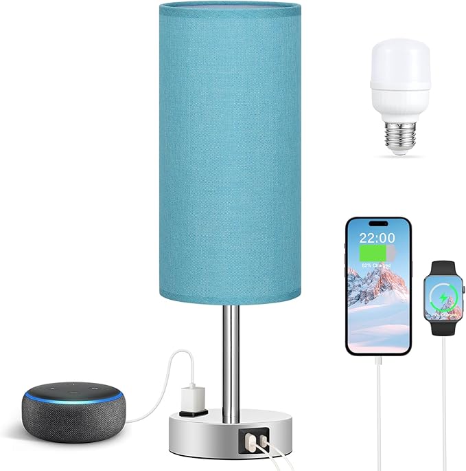 Fenmzee Turquoise Nightstand Table Lamp for Bedroom - 3 Way Dimmable Touch Lamp USB A and C Charging Ports and AC Outlet, Small Lamp for Office Desk with Metal Base, LED Bulb Included