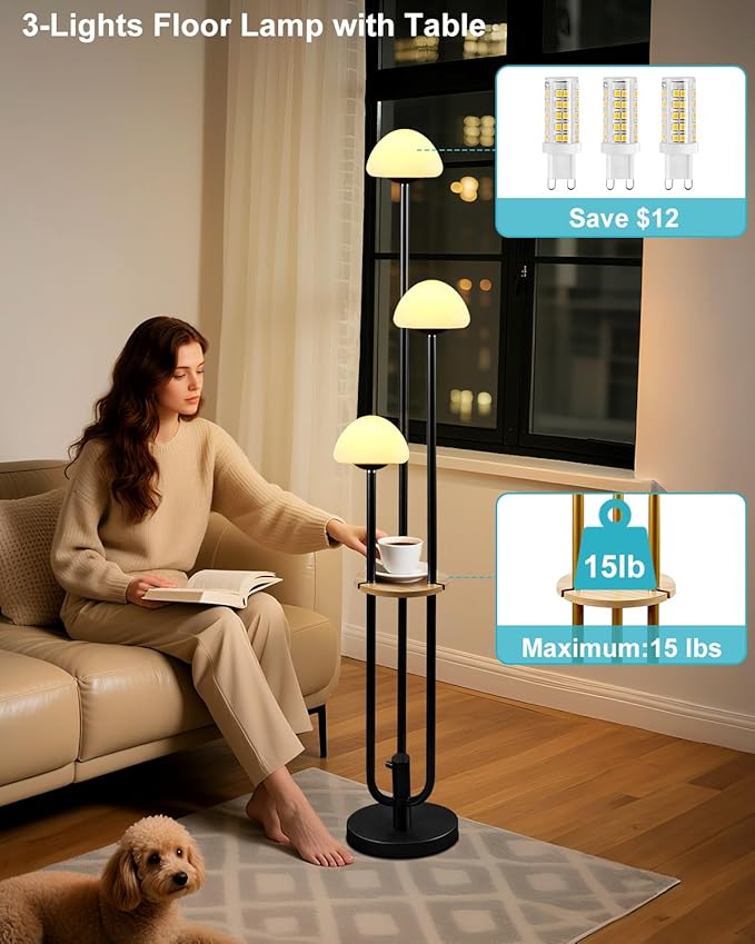 Lightdot Black Dimmable Floor Lamp with Table, Modern Floor Lamps for Living Room, 3000K Warm Lights Tall Standing Lamp with Mushroom Shades & Bulbs for Bedroom/Office