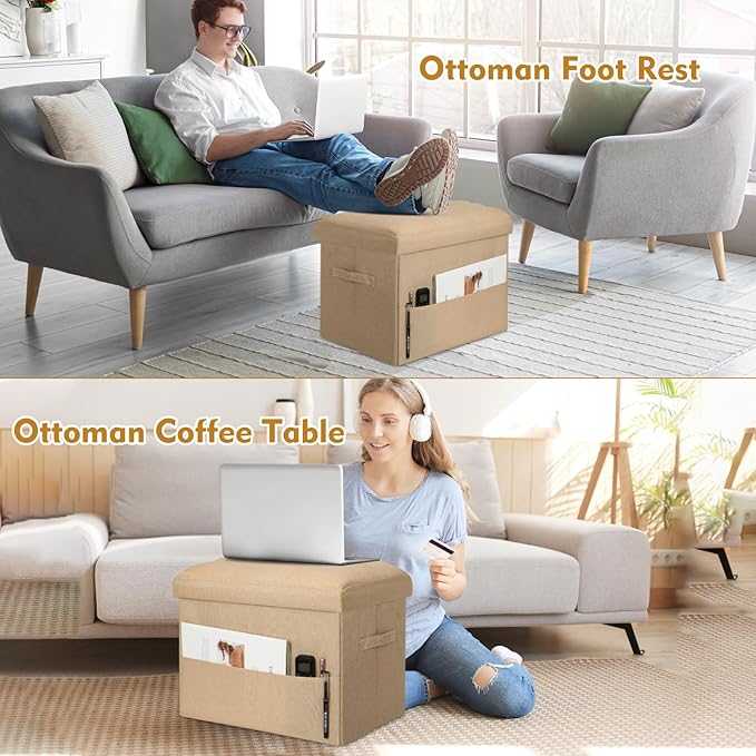 Ottoman with Storage, Small Storage Ottoman Foot Rest with Thicker Foam Padded Seat. Foldable Linen Cloth Foot Stool for Living Room Bedroom, Holds Up to 300 lbs, 17x13x13IN(Beige)