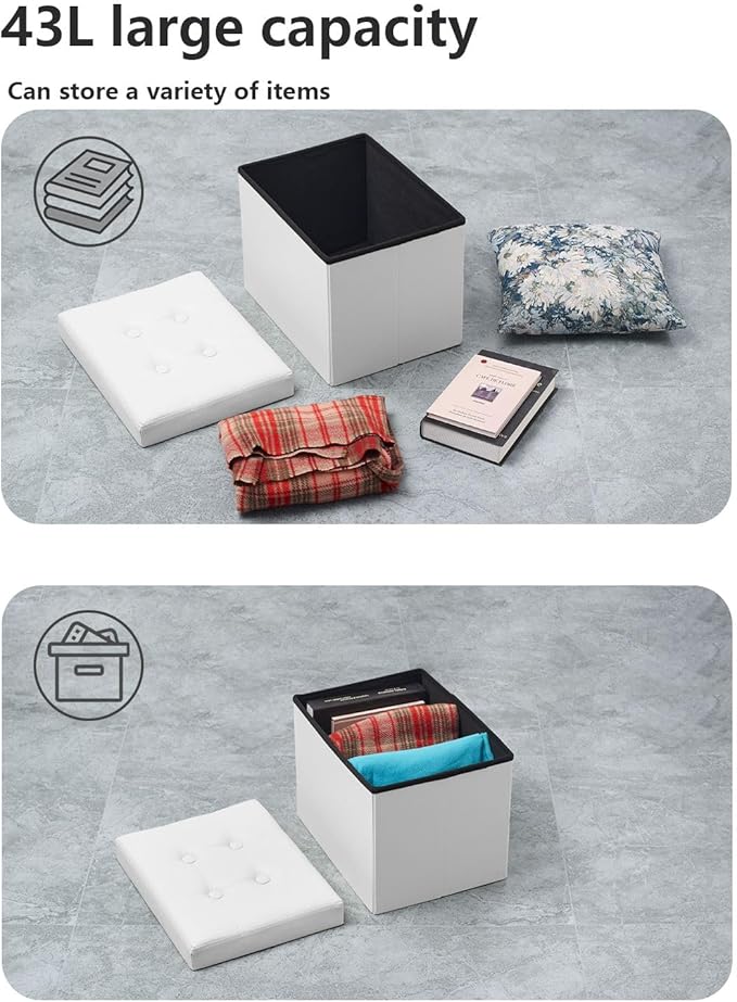 Folding Storage Ottoman, Foot Stool with Thicker Foam Padded Seat Small Leather Storage Ottoman Bench Foot Rest for Living Room Foldable Coffee Table 17x13x13in,White