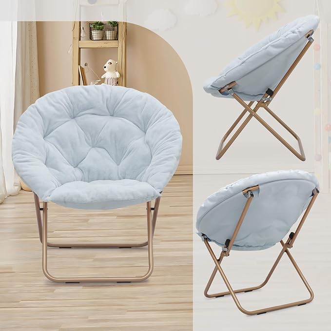 Athena Collection Saucer Chair with Ottoman Comfy Chair for Bed Room Living Room Folding Round Cozy Chair Faux Fur Metal Frame Foldable Lazy Chair Accent Chair Reading Chair Set of 2, Blue