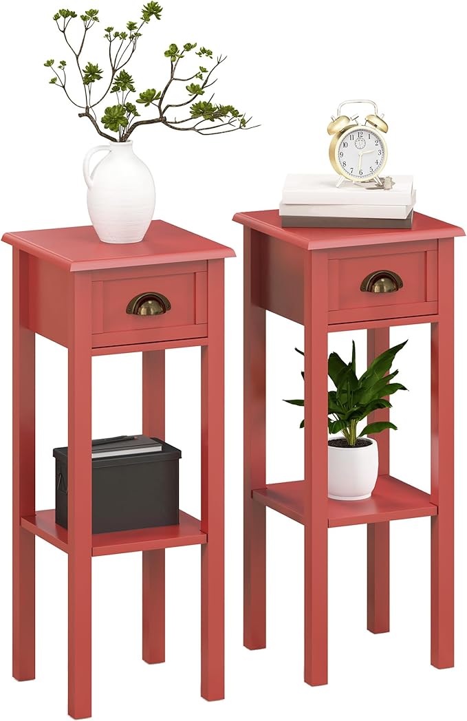 HOMCOM 2-Tier Side Table with Drawer, Narrow End Table with Bottom Shelf, for Living Room, Set of 2, Red