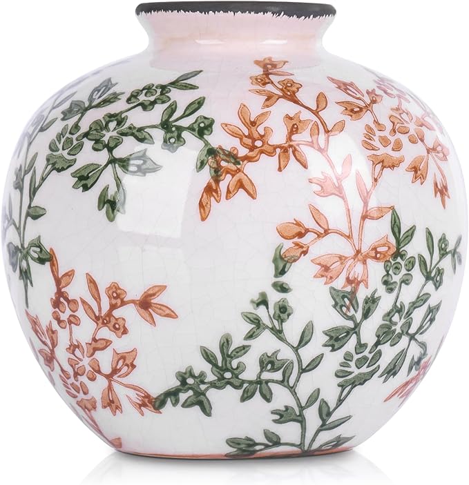 Vintage Green and White Brown Round Vase, Chinoiserie Porcelain Green Floral Vase, Mid Century Modern Pottery Flower Vases for Bouquet and Home Rustic Farmhouse Dining Table Decor