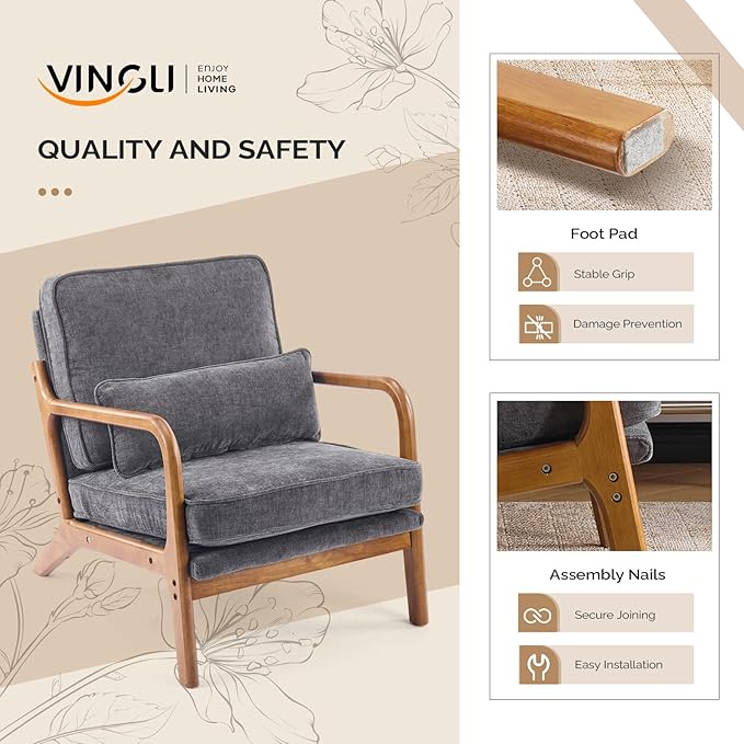 VINGLI Chenille Mid-Century Modern Accent Chair, Cute Reading Arm Chair with Cushion & Lumbar Pillow & Solid Wood Frame for Lounge, Living Room, Reading Room, Bedroom, Dark-Gray
