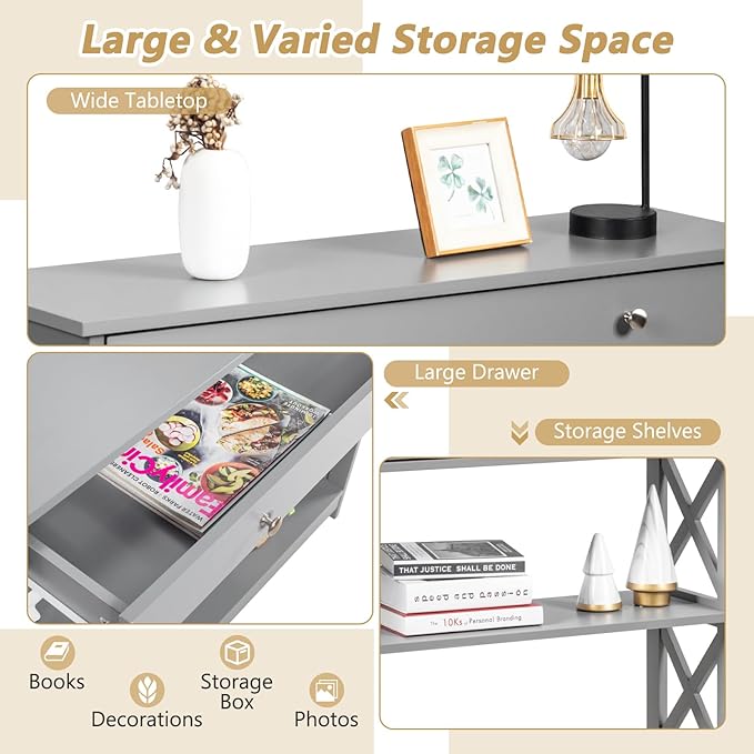 GOFLAME 39" Console Sofa Table with Drawers, 3-Tier Narrow Entry Table with Storage Shelves for Living Room Behind Couch, Entryway, Hallway (Grey)