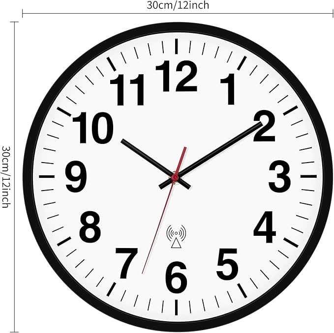 Foxtop Atomic Analog Wall Clock 12 Inch Battery Operated Round Modern Wall Clock Sets Automatically for Office Classroom Bedroom Kitchen Living Room (Black)