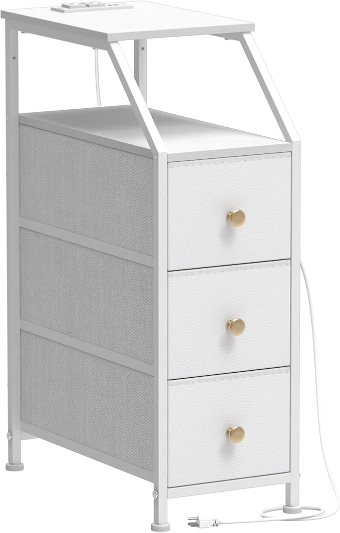 Tohomeor Narrow Dresser Tall Skinny Storage Tower Vertical Slim Chest of Drawers with Charging Station Small Nightstand Side Table for Bedroom, Bathroom, Small Spaces (White, 3 Drawers)