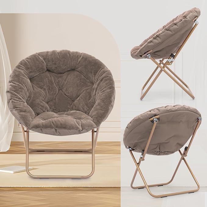 Athena Collection Saucer Chair with Ottoman Comfy Chair for Bed Room Living Room Folding Round Cozy Chair Faux Fur Metal Frame Foldable Lazy Chair Accent Chair Reading Chair, Brown