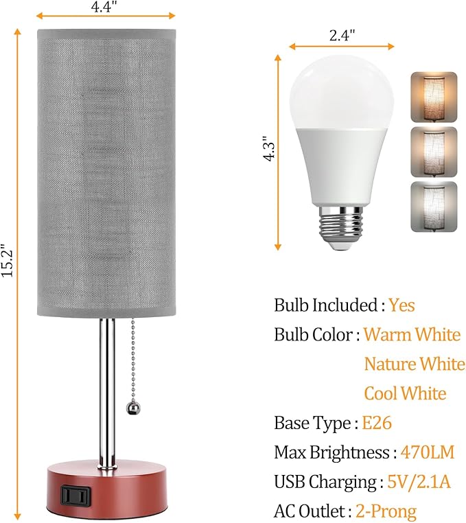 Dott Arts Table Lamp for Bedroom, 3-Color Bedside Lamps with Pull Chain, Bedroom Table Lamps for Nightstand,AC Outlet Small Lamp for Living Room, Bulb Included Grey Striped