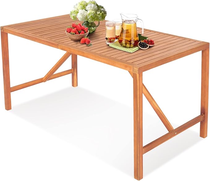 Tangkula Indoor Outdoor Acacia Wood Dining Table for 4-6 Person, Patio Rectangular Dining Table with 2 Inch Umbrella Hole and Support Bars, Outdoor Patio Table