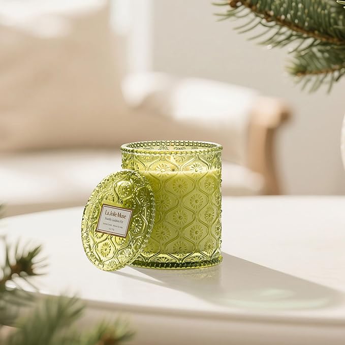 LA JOLIE MUSE Starlit Golden Fir Candle - Cedarwood, Patchouli, Fir Balsam | 6 oz Natural Soy Wax | 40 Hours Clean Burn | Balsam and Fir Candle | Gift-Ready for Hosts & Gatherings