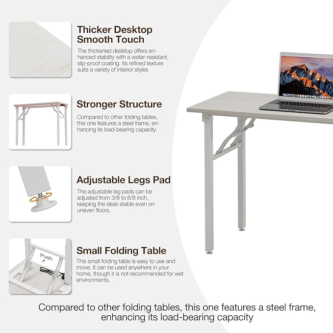 TEMI Small Computer Desk Folding Table - 43.3" Foldable Office Desk, No Assembly, Perfect for Small Spaces in Bedroom, Dorm, or Apartment, Portable Mini Desk or Study Table Compact Design, White Ash