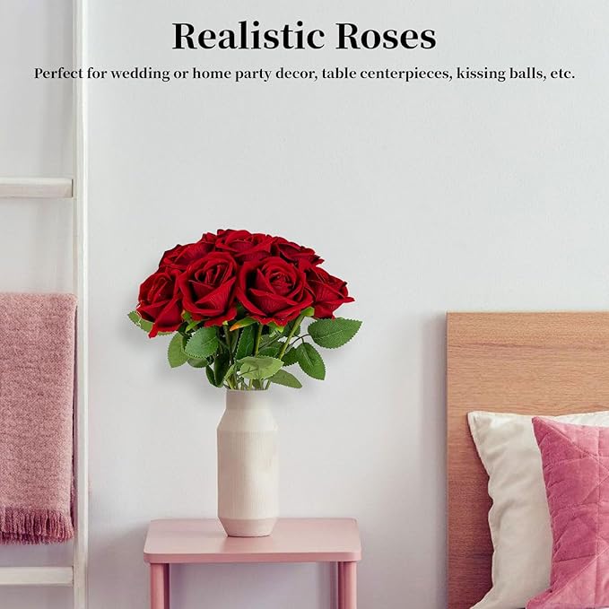 10 PCS Artificial Roses with Long Stems Silk Flowers Realistic Foam Flowers Fake Roses for Valentine's Day Home Wedding Halloween Decor(Brilliant Red)